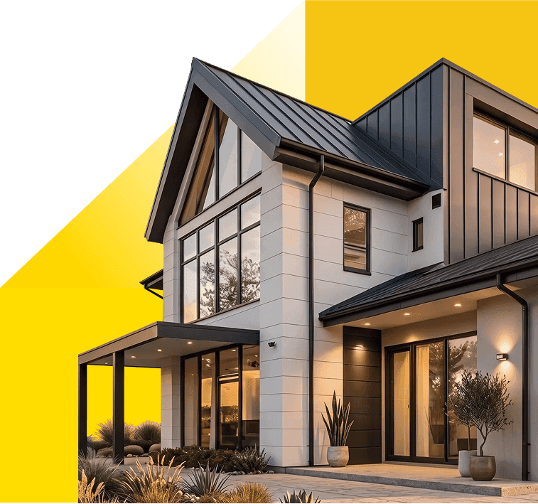 Modern farmhouse exterior lit at dusk