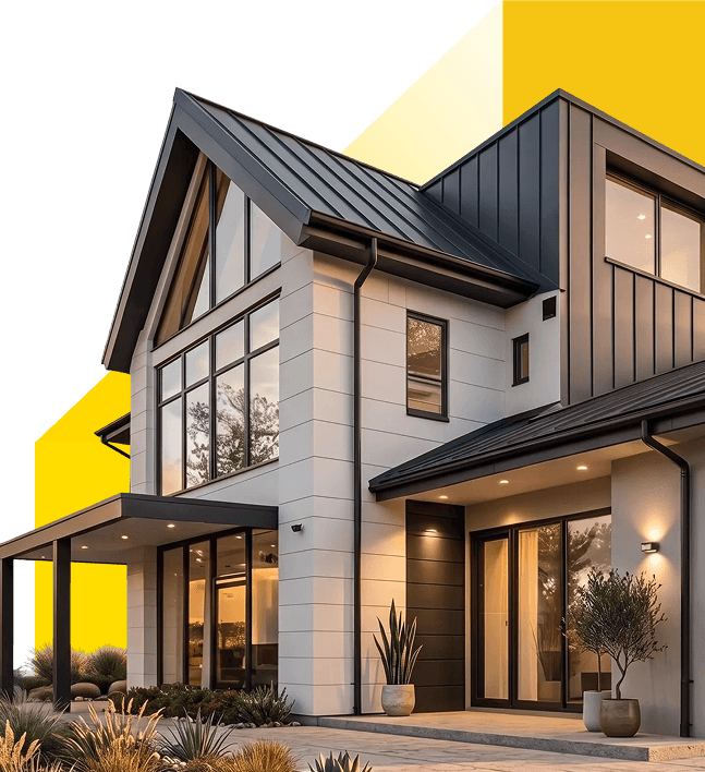 Modern farmhouse exterior lit at dusk