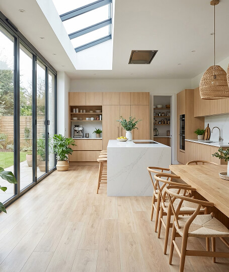 Kitchen skylight with light wood floors